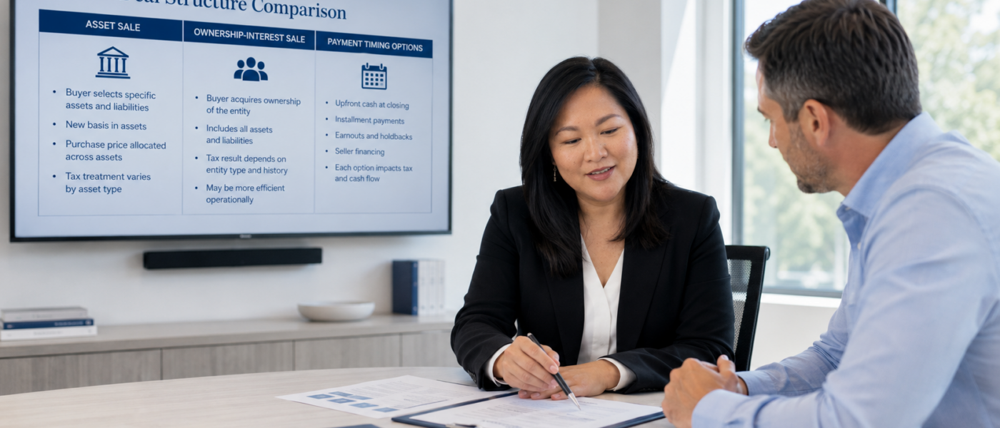 Business owner and advisors reviewing business sale deal structure and tax planning options.