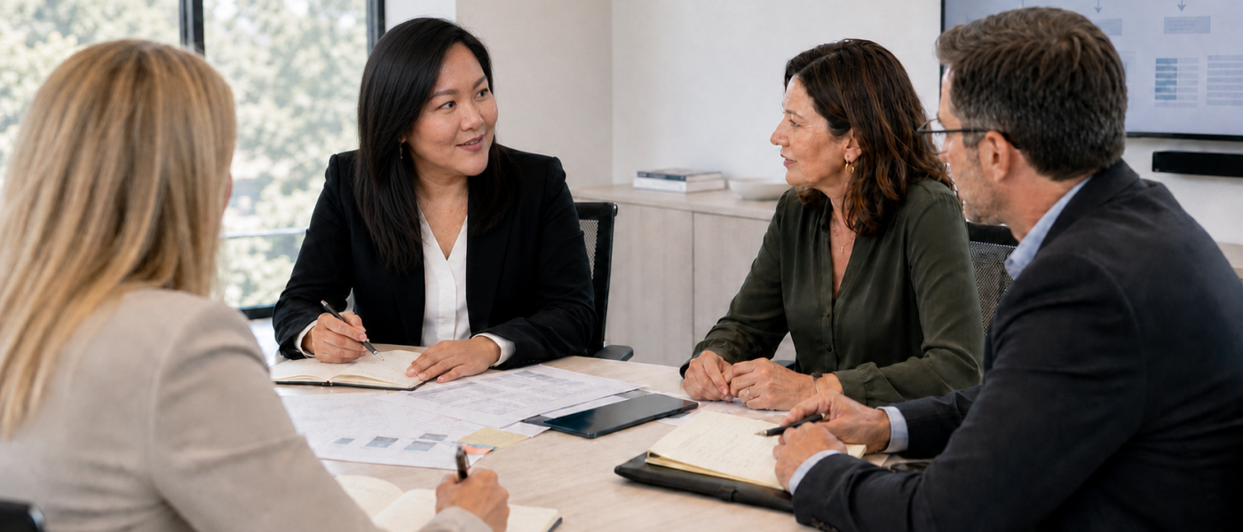 Faye discussing pre-sale advisory planning with a business owner and advisor