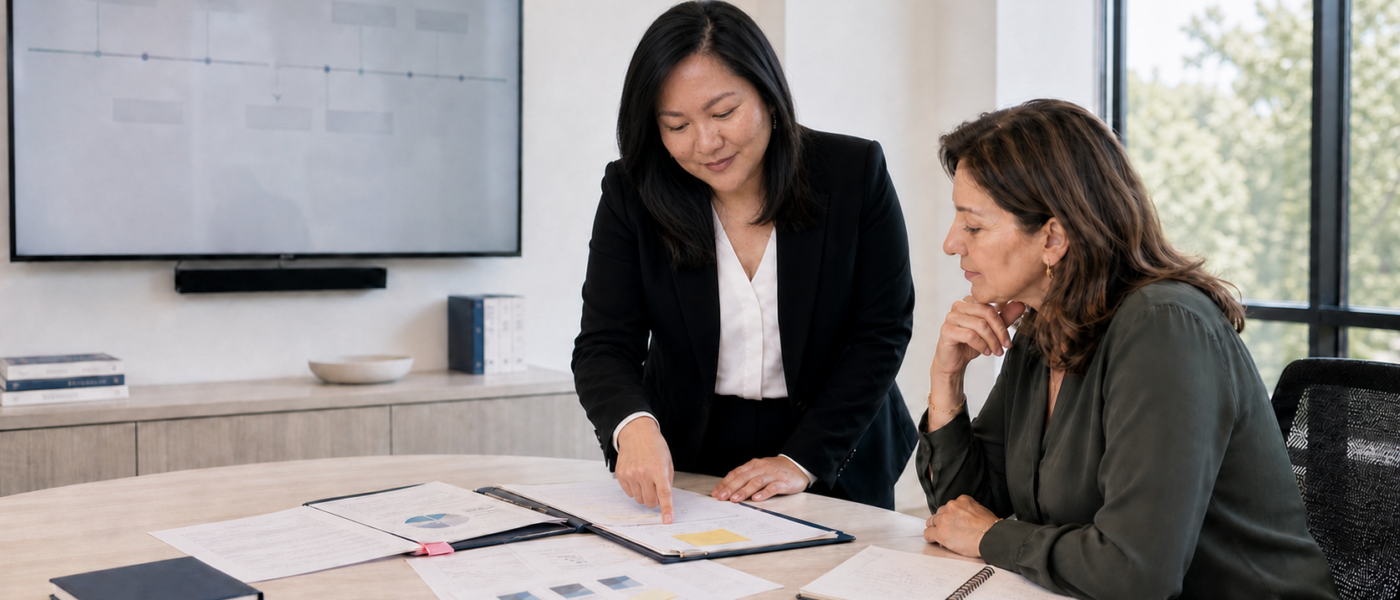 Faye reviewing a pre-sale readiness plan with a business owner.