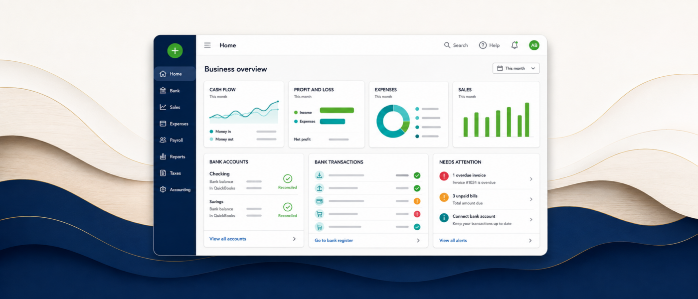 QuickBooks-inspired accounting dashboard showing bank-feed review, reconciliation status, exceptions, and reporting readiness.