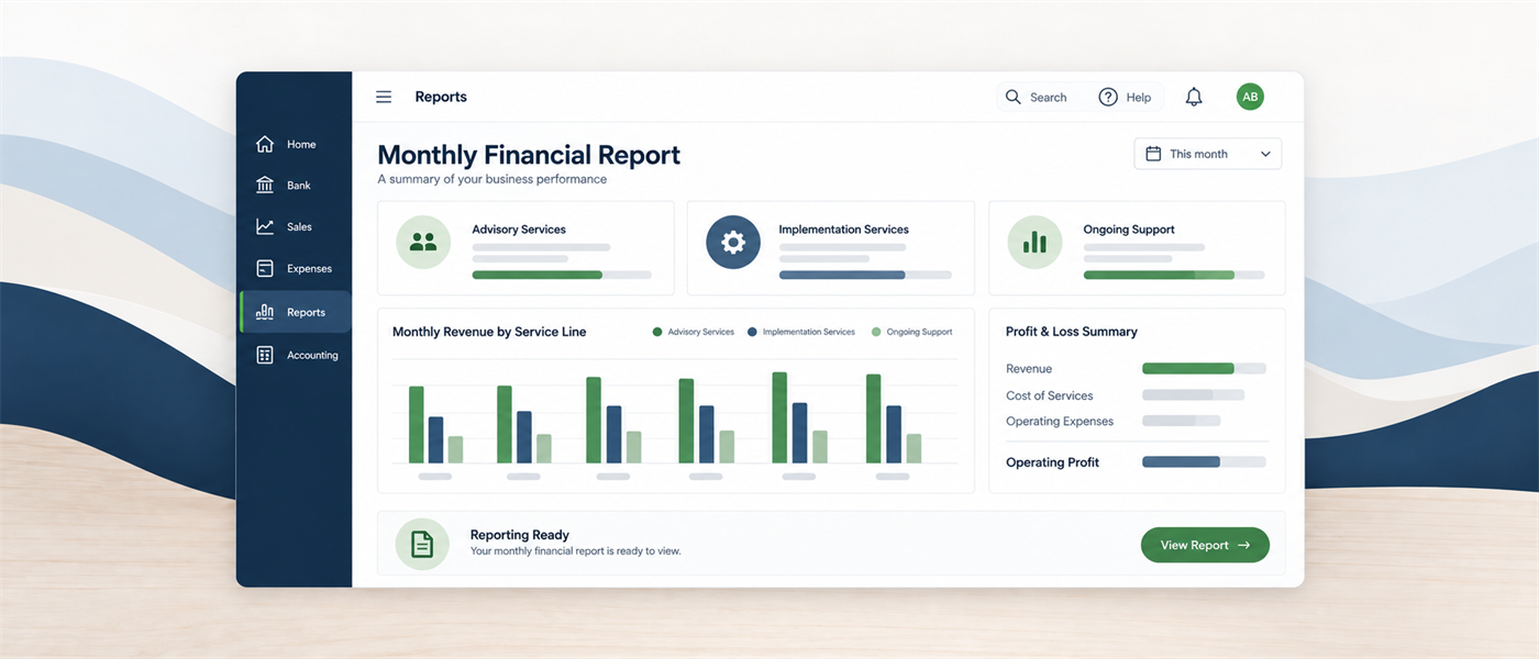 Accounting software-style monthly report showing service-line comparisons and a profit and loss summary.