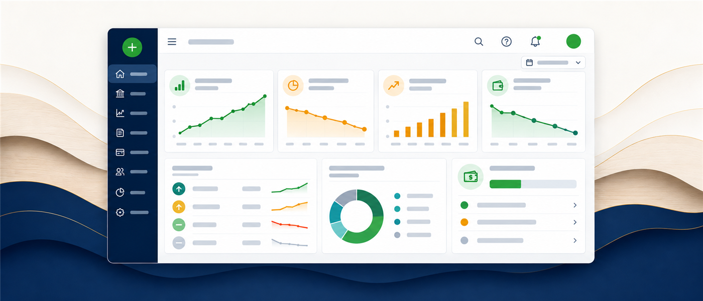 Accounting dashboard showing rising revenue alongside falling margin and cash trends and increasing expenses.