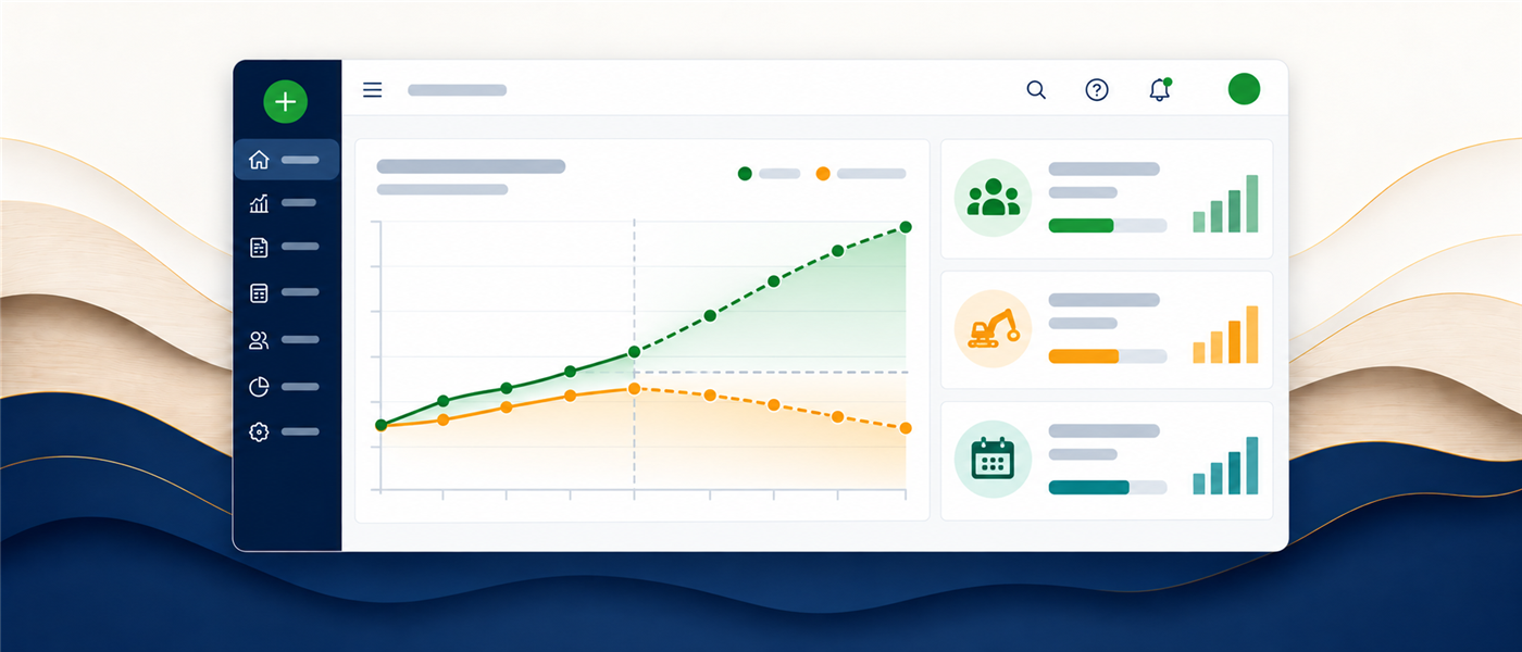Business decision dashboard comparing two cash projections beside hiring, equipment, and timing icons.